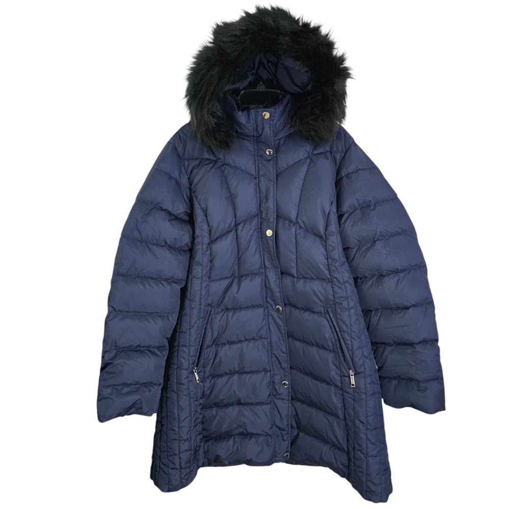 SLOWDOWN Womens Navy Blue Faux Fur Hood Puffer Coat Jacket XXL EE‎ G Winter Warm
